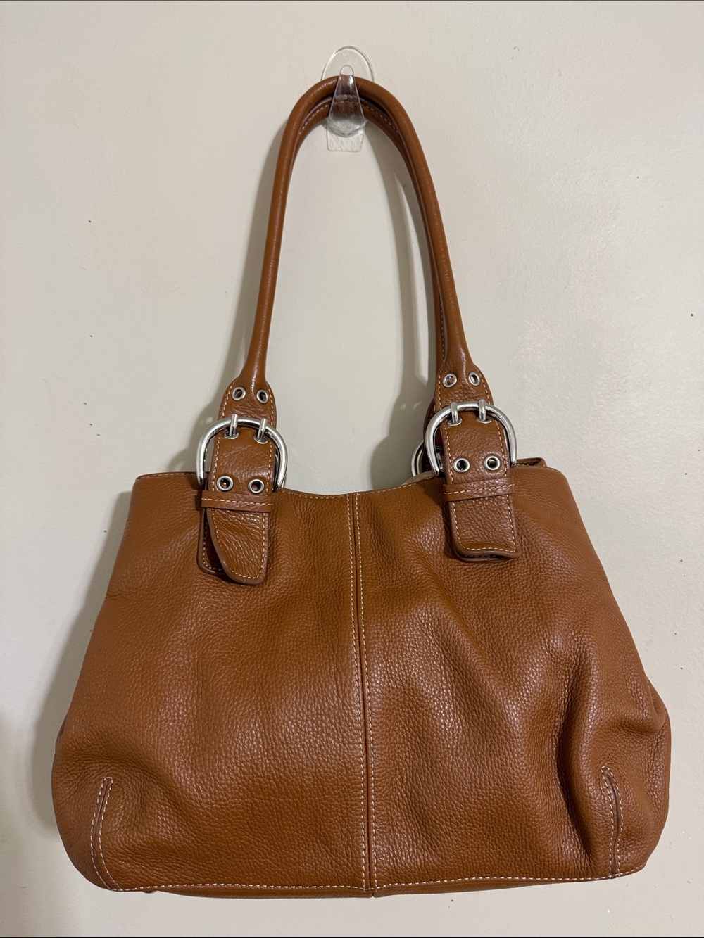 Tignanello Classic Leather Shoulder Bag Tan Brown Silver Hardware Minimalist